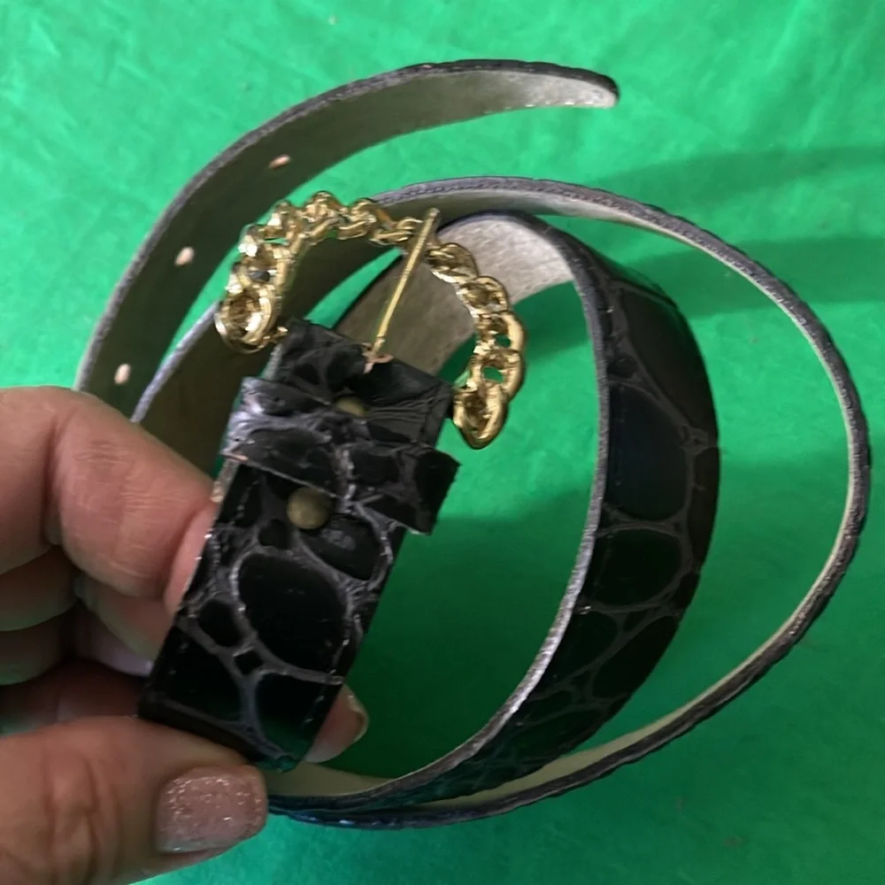 Black Leather Belt with Gold Chain Buckle